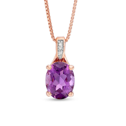 Oval Amethyst and Natural Diamond Accent Pendant in Sterling Silver with 14K Rose Gold Plate