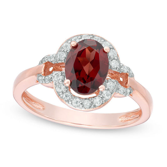 Oval Garnet and White Topaz Doorknocker Frame Ring in Sterling Silver with Solid 14K Rose Gold Plate