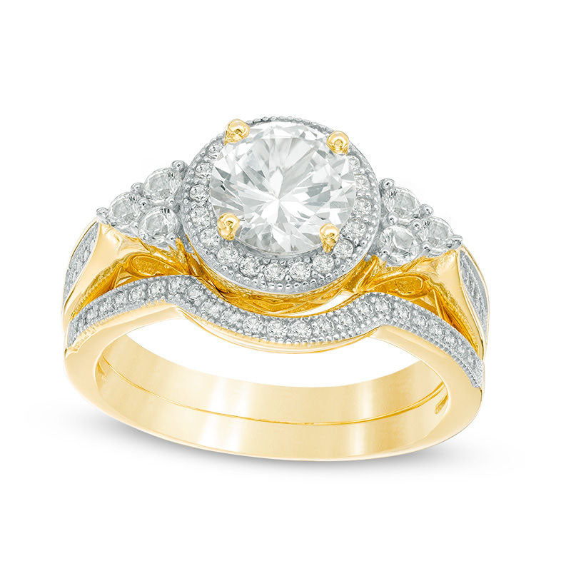 7.0mm Lab-Created White Sapphire Antique Vintage-Style Tri-Sides Bridal Engagement Ring Set in Sterling Silver with Solid 14K Gold Plate