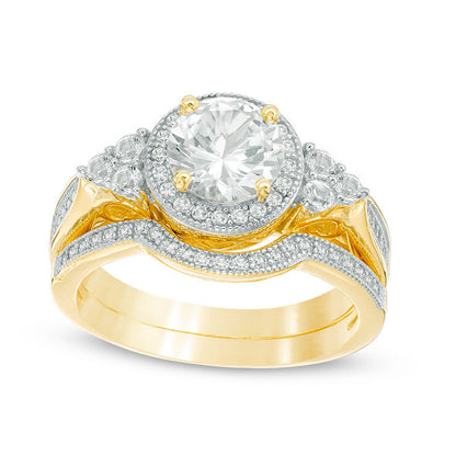 7.0mm Lab-Created White Sapphire Antique Vintage-Style Tri-Sides Bridal Engagement Ring Set in Sterling Silver with Solid 14K Gold Plate