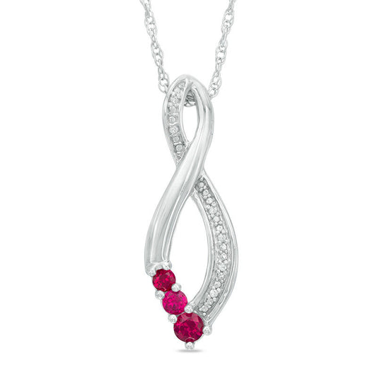 Lab-Created Ruby and Diamond Accent Three Stone Infinity Pendant in Sterling Silver