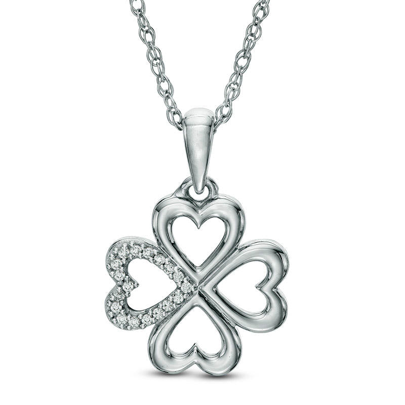 Natural Diamond Accent Heart-Shaped Four Leaf Clover Pendant in Sterling Silver