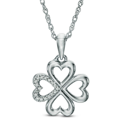 Natural Diamond Accent Heart-Shaped Four Leaf Clover Pendant in Sterling Silver