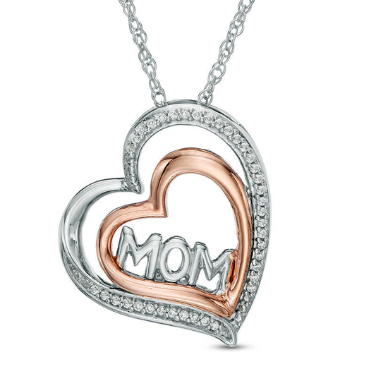 0.1 CT. T.W. Natural Diamond "MOM" Tilted Double Heart Pendant in Sterling Silver and 10K Rose Gold