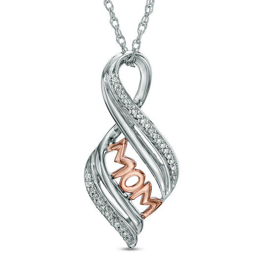 Natural Diamond Accent "MOM" Flame Pendant in Sterling Silver and 10K Rose Gold