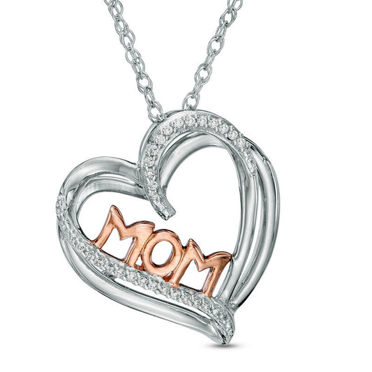 Natural Diamond Accent "MOM" Heart Pendant in Sterling Silver and 10K Rose Gold
