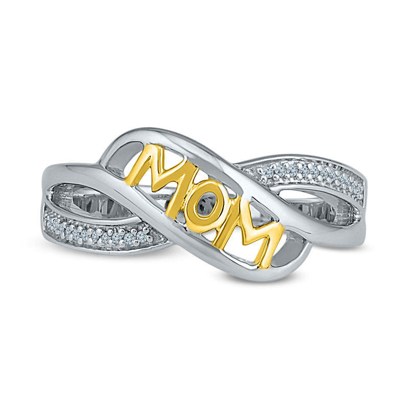 Natural Diamond Accent MOM Crossover Ring in Sterling Silver and Solid 10K Yellow Gold