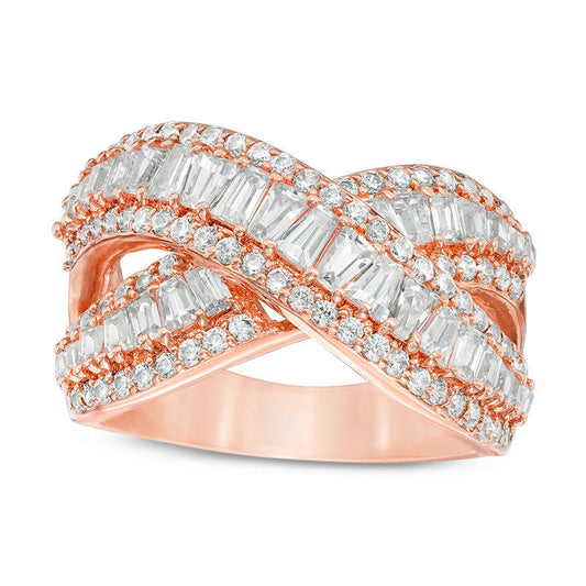 Baguette and Round Lab-Created White Sapphire Crossover Ring in Sterling Silver with Solid 18K Rose Gold Plate