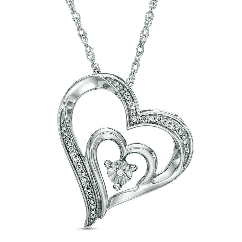 Natural Diamond Accent Tilted Double Heart Pendant in Sterling Silver and 10K Rose Gold