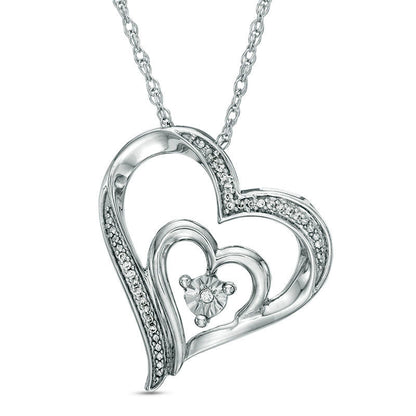Natural Diamond Accent Tilted Double Heart Pendant in Sterling Silver and 10K Rose Gold