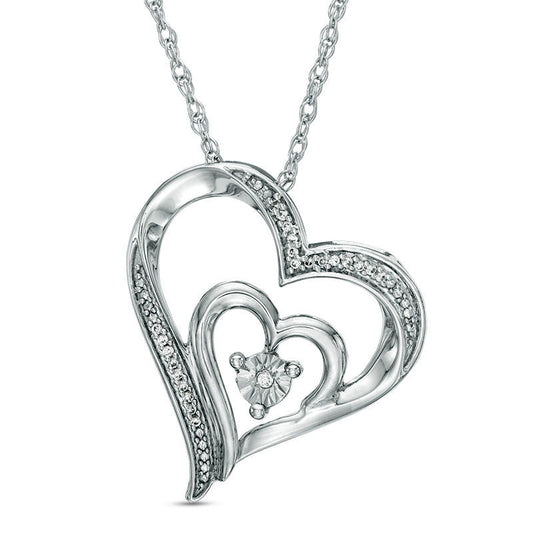 Natural Diamond Accent Tilted Double Heart Pendant in Sterling Silver and 10K Rose Gold