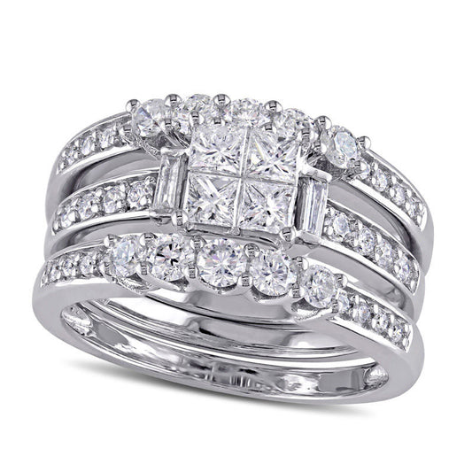 1.25 CT. T.W. Quad Princess-Cut Natural Diamond Three Piece Bridal Engagement Ring Set in Solid 14K White Gold