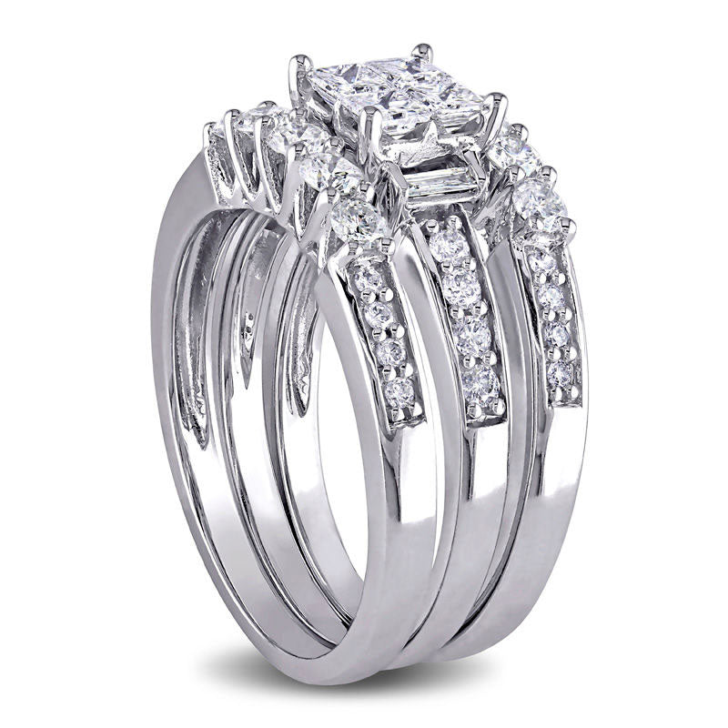 1.25 CT. T.W. Quad Princess-Cut Natural Diamond Three Piece Bridal Engagement Ring Set in Solid 14K White Gold