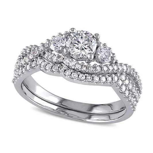 1.13 CT. T.W. Natural Diamond Three Stone Twist Bypass Bridal Engagement Ring Set in Solid 14K White Gold
