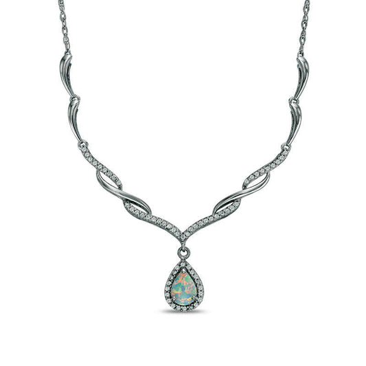 Pear-Shaped Lab-Created Opal and White Sapphire Chevron with Drop Necklace in Sterling Silver