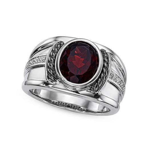 Mens Oval Garnet and Natural Diamond Accent Rope Collar Band in Sterling Silver