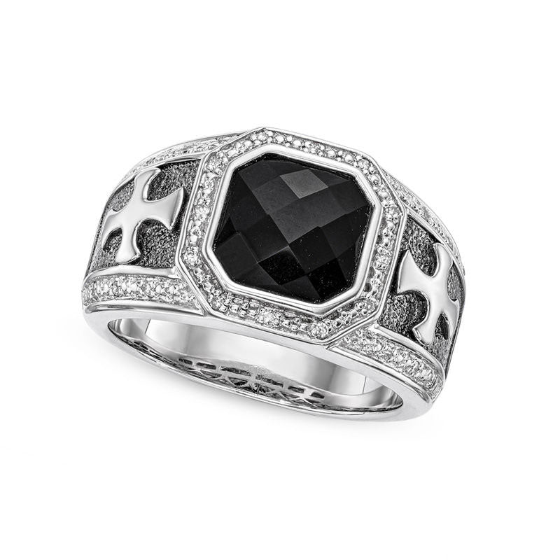 Mens Octagonal Onyx and 0.10 CT. T.W. Natural Diamond Frame Crusader Cross Band in Sterling Silver with Black Rhodium