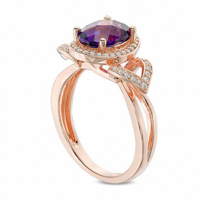 Oval Amethyst and 0.20 CT. T.W. Natural Diamond Frame Petal Ring in Solid 10K Rose Gold