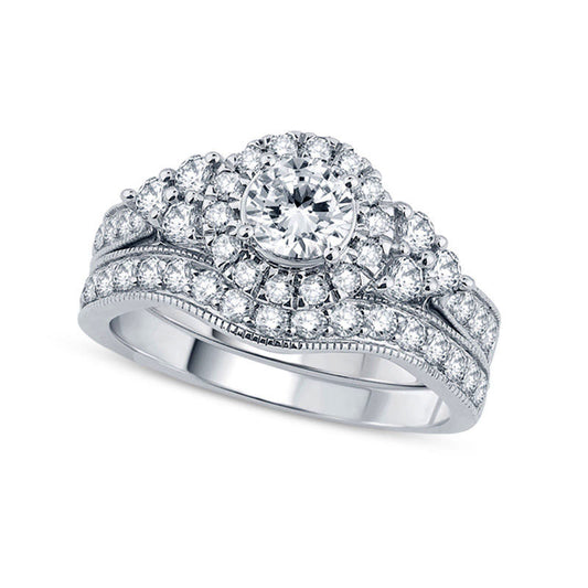 1.5 CT. T.W. Natural Diamond Frame Tri-Sides Antique Vintage-Style Bridal Engagement Ring Set in Solid 14K White Gold