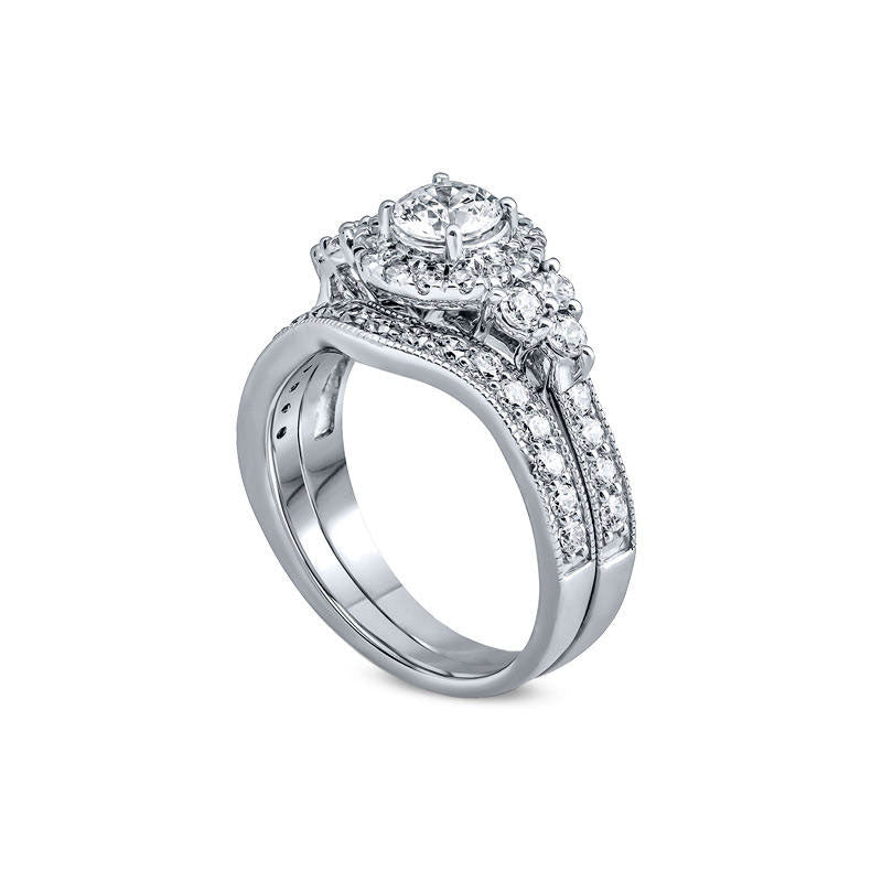 1.5 CT. T.W. Natural Diamond Frame Tri-Sides Antique Vintage-Style Bridal Engagement Ring Set in Solid 14K White Gold