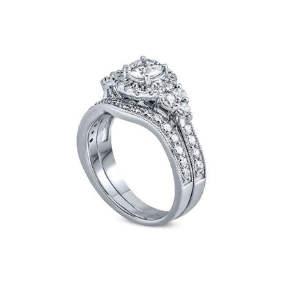 1.5 CT. T.W. Natural Diamond Frame Tri-Sides Antique Vintage-Style Bridal Engagement Ring Set in Solid 14K White Gold