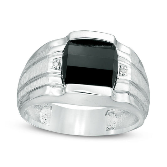 Mens 9.5mm Cushion Cut Onyx and Natural Diamond Accent Ring in Sterling Silver