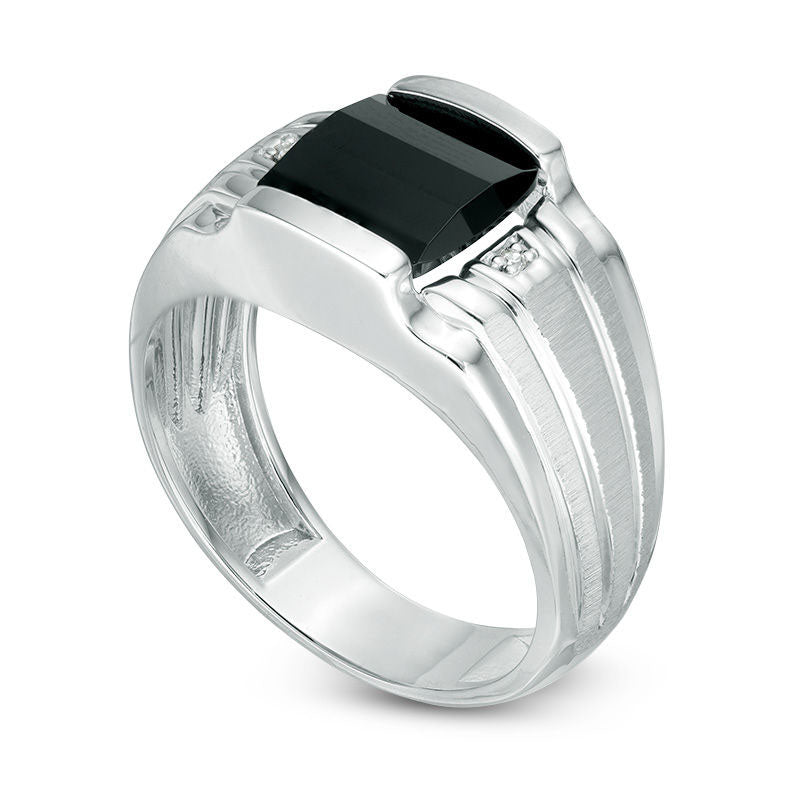 Mens 9.5mm Cushion Cut Onyx and Natural Diamond Accent Ring in Sterling Silver