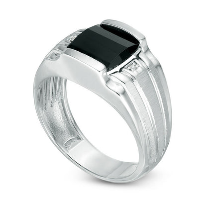 Mens 9.5mm Cushion Cut Onyx and Natural Diamond Accent Ring in Sterling Silver