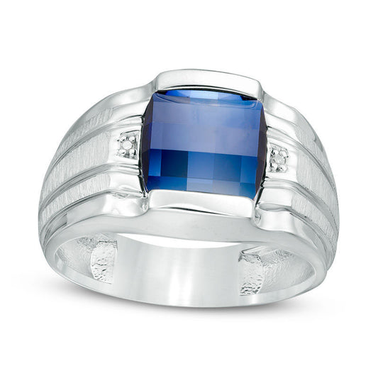 Mens 9.5mm Cushion-Cut Lab-Created Blue Sapphire and Diamond Accent Ring in Sterling Silver
