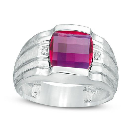 Mens 9.5mm Cushion-Cut Lab-Created Ruby and Diamond Accent Ring in Sterling Silver