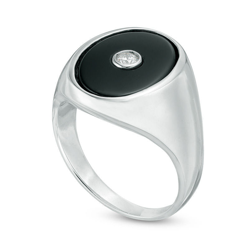 Mens Oval Onyx and 0.10 CT. Natural Diamond Signet Ring in Sterling Silver