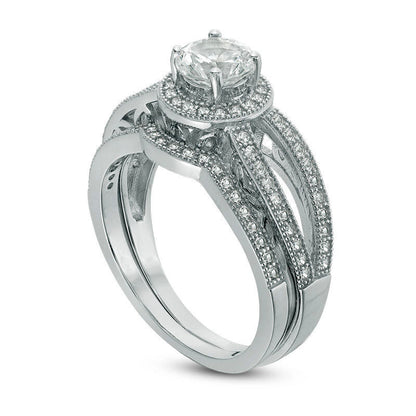 6.0mm Lab-Created White Sapphire Frame Antique Vintage-Style Split Shank Bridal Engagement Ring Set in Sterling Silver
