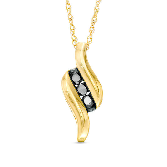 0.2 CT. T.W. Enhanced Black Natural Diamond Three Stone Flame Pendant in 10K Yellow Gold