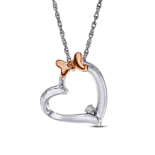 Natural Diamond Accent Tilted Heart with Bow Pendant in Sterling Silver and 10K Rose Gold