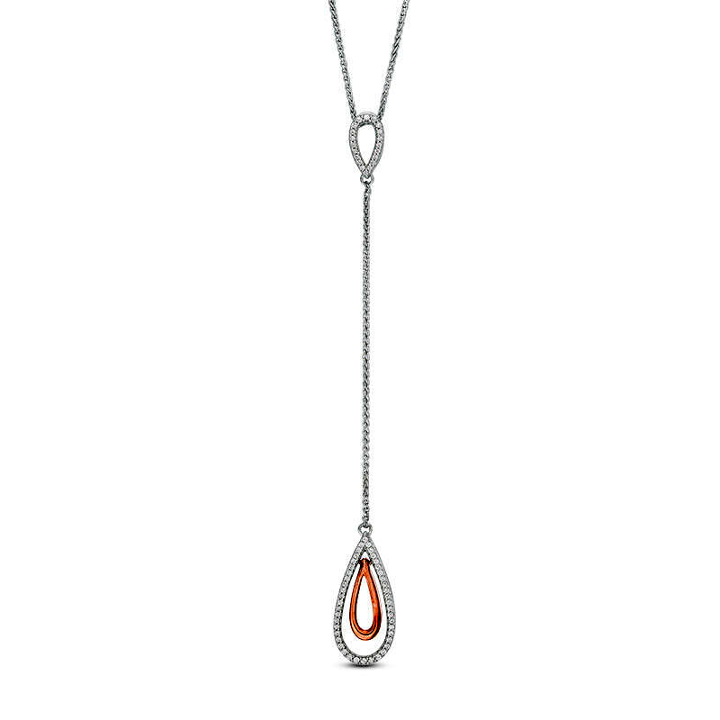 0.2 CT. T.W. Natural Diamond Teardrop "Y" Necklace in Sterling Silver and 10K Rose Gold - 38"