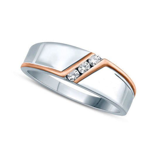 Ladies Natural Diamond Accent Three Stone Slant Bypass Stripe Wedding Band in Solid 10K Two-Tone Gold