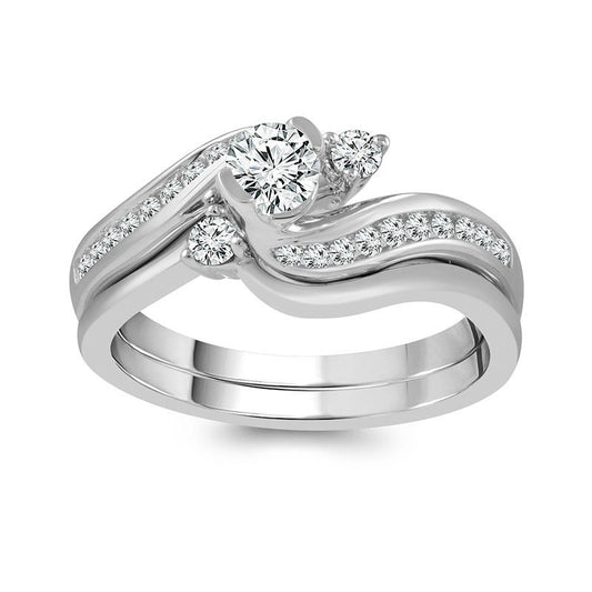 0.63 CT. T.W. Natural Diamond Bypass Bridal Engagement Ring Set in Solid 14K White Gold
