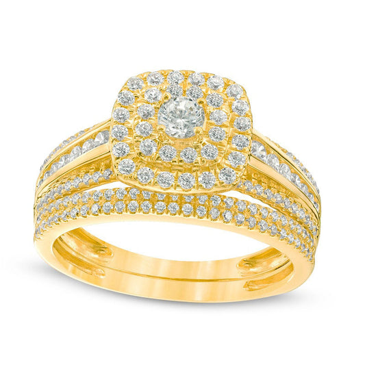 1.0 CT. T.W. Natural Diamond Double Cushion Frame Bridal Engagement Ring Set in Solid 10K Yellow Gold