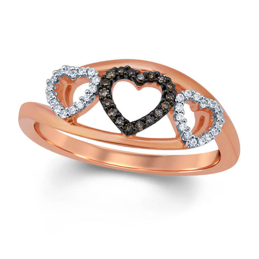 0.17 CT. T.W. Champagne and White Natural Diamond Triple Heart Ring in Solid 10K Rose Gold