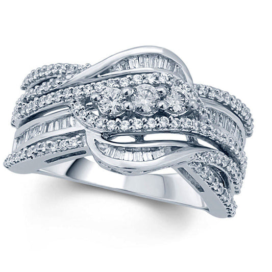 1.0 CT. T.W. Natural Diamond Three Stone Layered Crossover Ring in Solid 10K White Gold
