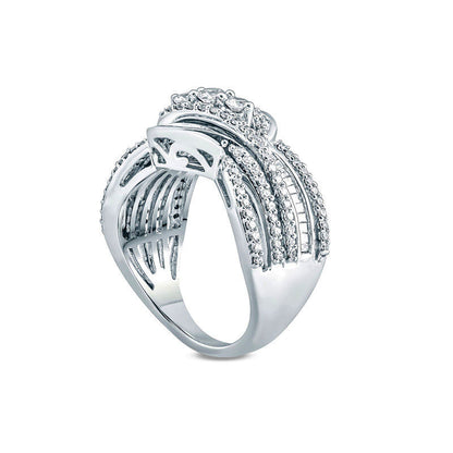 1.0 CT. T.W. Natural Diamond Three Stone Layered Crossover Ring in Solid 10K White Gold