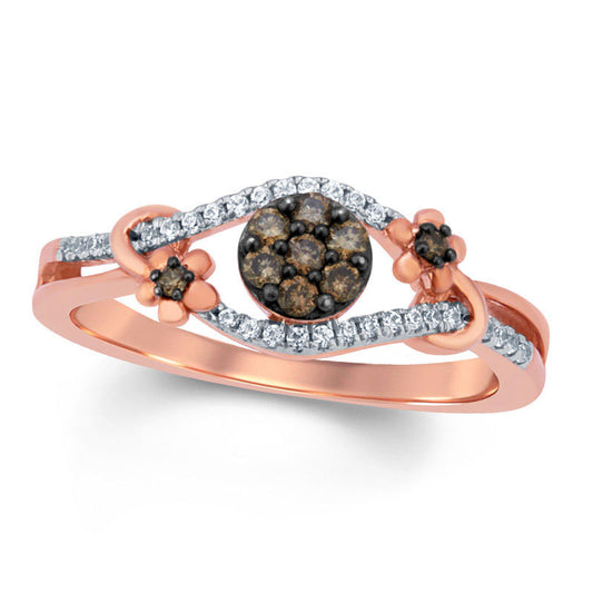 0.25 CT. T.W. Champagne and White Natural Diamond Flower Ring in Solid 10K Rose Gold