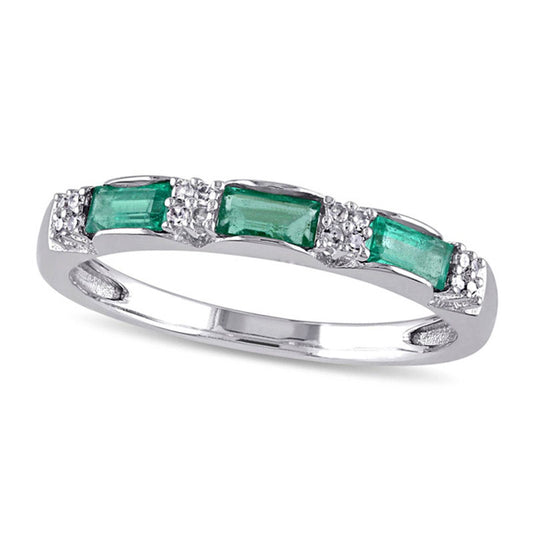 Baguette Emerald and Natural Diamond Accent Three Stone Band in Solid 10K White Gold