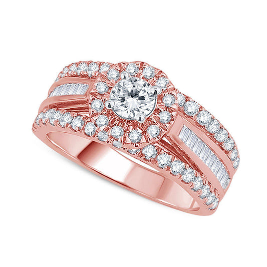1.5 CT. T.W. Baguette and Round Natural Diamond Frame Multi-Row Engagement Ring in Solid 14K Rose Gold