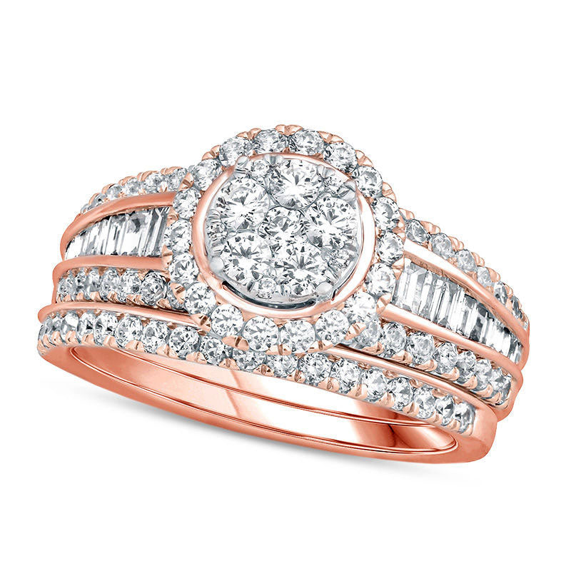 1.5 CT. T.W. Baguette and Round Composite Natural Diamond Frame Bridal Engagement Ring Set in Solid 14K Rose Gold