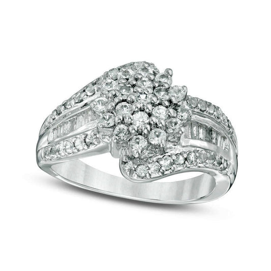 Lab-Created White Sapphire and 0.20 CT. T.W. Baguette Diamond Triple Row Bypass Ring in Sterling Silver