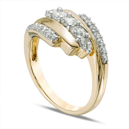 Lab-Created White Sapphire Five Stone Bypass Ring in Solid 10K Yellow Gold