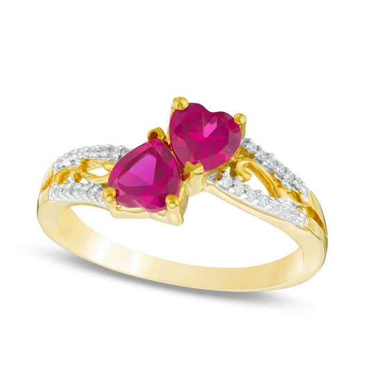 5.0mm Heart-Shaped Lab-Created Ruby and Diamond Accent Mirrored Split Shank Scroll Ring in Solid 10K Yellow Gold