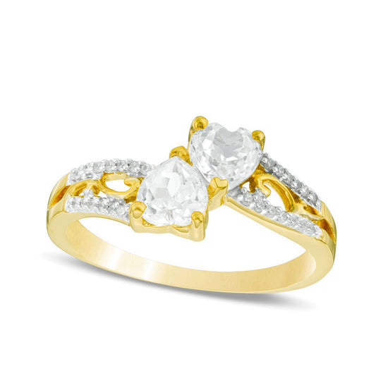 5.0mm Heart-Shaped Lab-Created White Sapphire and Diamond Accent Mirrored Split Shank Scroll Ring in Solid 10K Yellow Gold