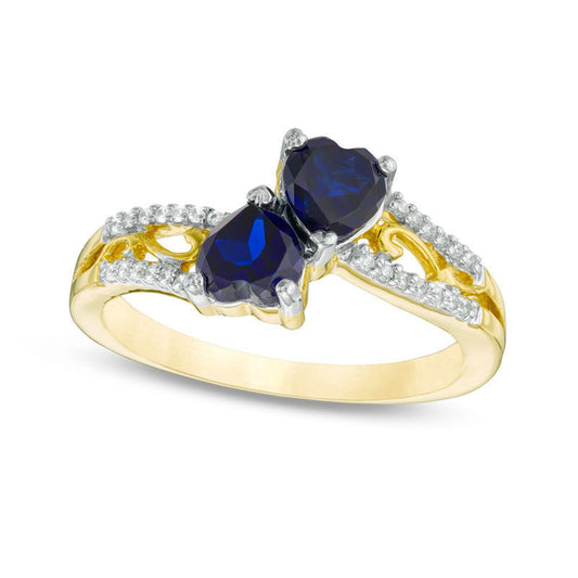 5.0mm Heart-Shaped Lab-Created Blue Sapphire and Diamond Accent Mirrored Split Shank Scroll Ring in Solid 10K Yellow Gold